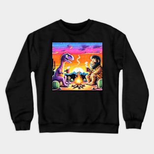 Dinosaur & Caveman Sunset Campfire - Prehistoric Friends Gathering Crewneck Sweatshirt